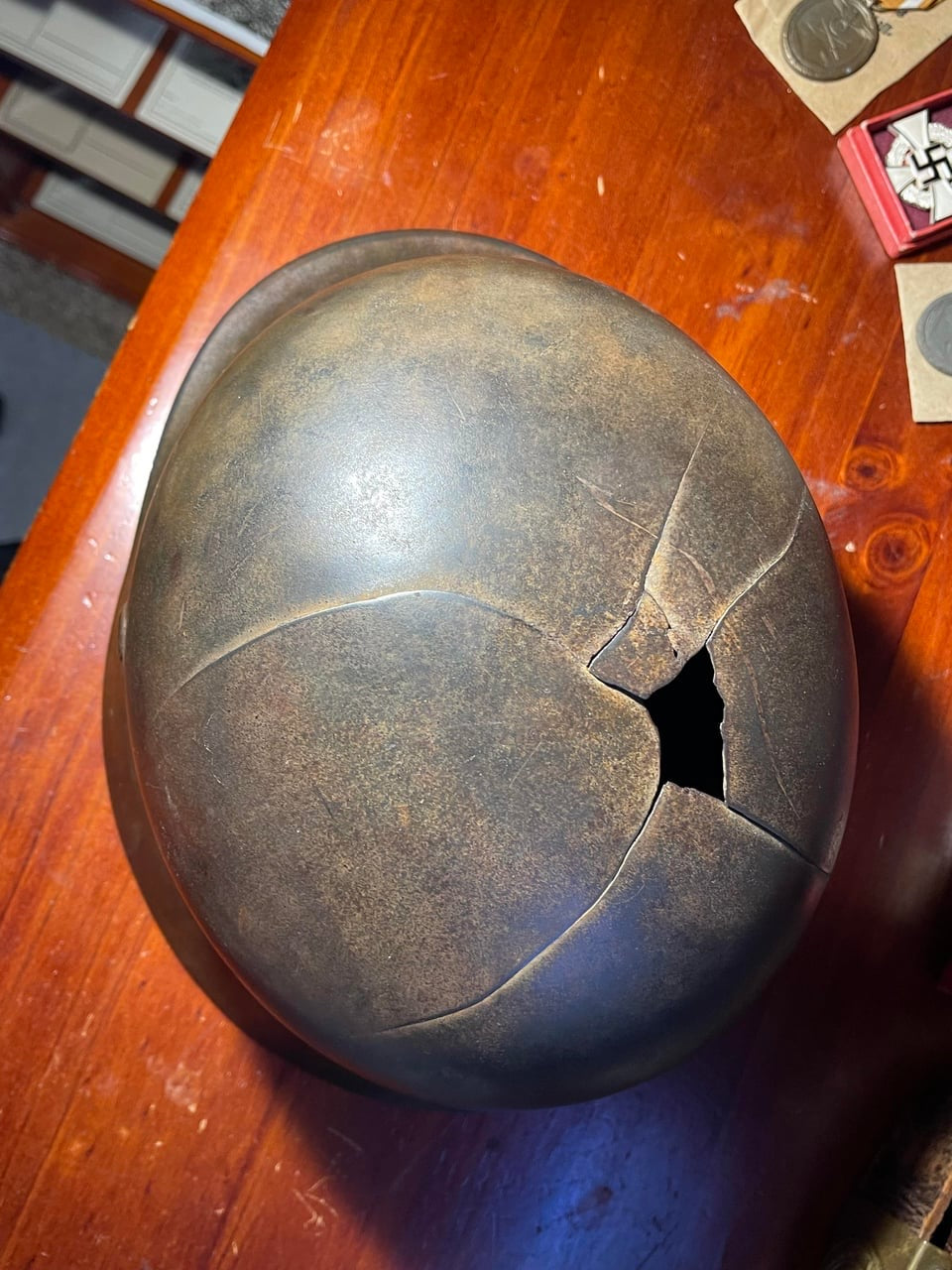 WW2 German M40 Luftwaffe Helmet – Tropical / DAK Camo with Shrapnel Damage