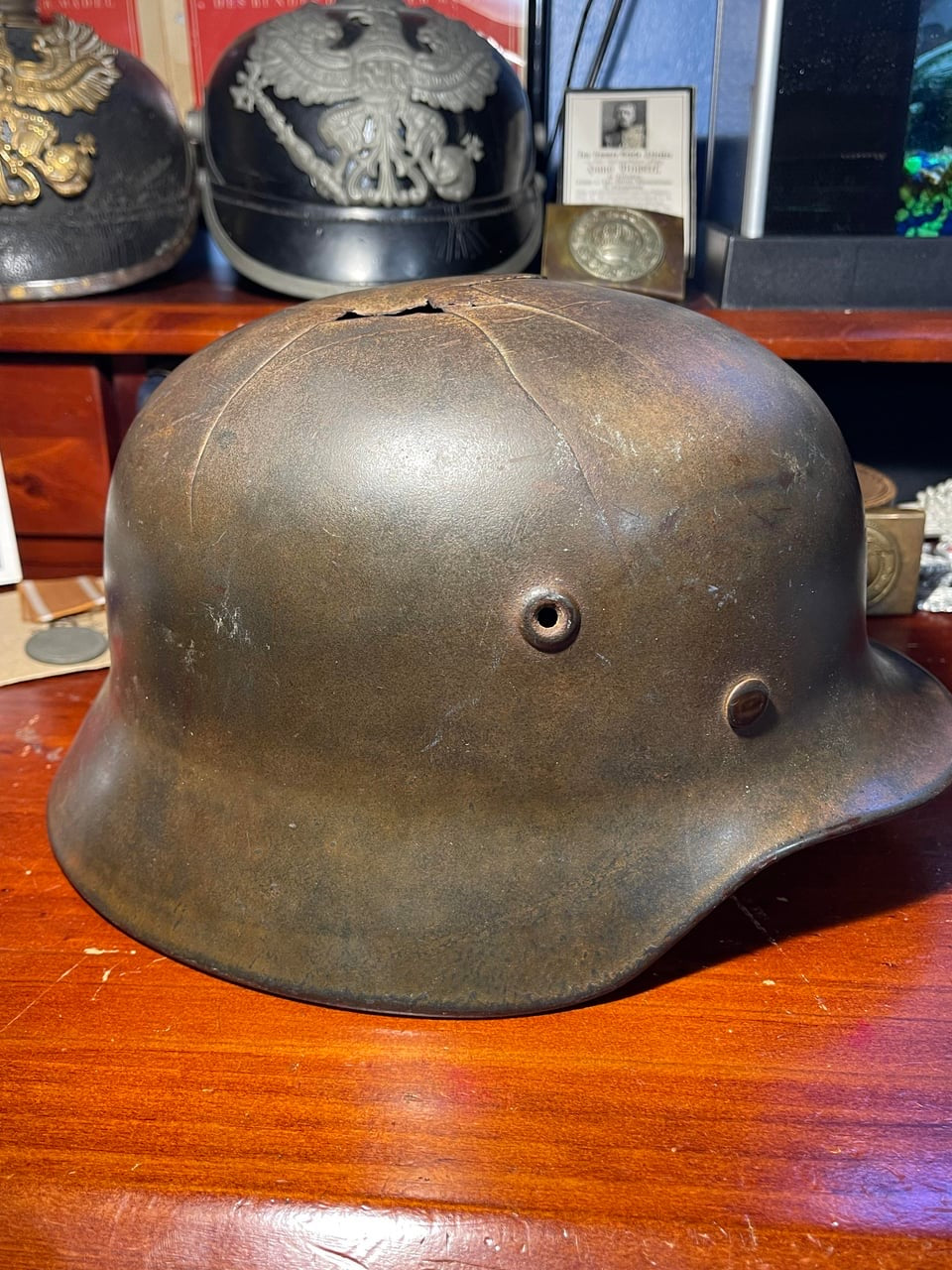 WW2 German M40 Luftwaffe Helmet – Tropical / DAK Camo with Shrapnel Damage
