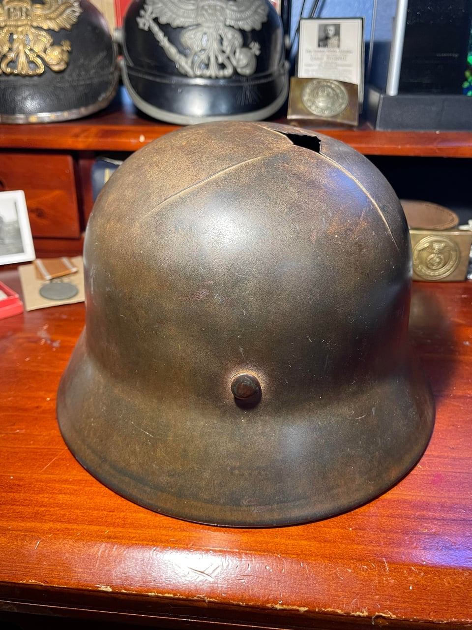 WW2 German M40 Luftwaffe Helmet – Tropical / DAK Camo with Shrapnel Damage