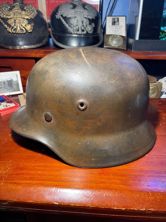 WW2 German M40 Luftwaffe Helmet – Tropical / DAK Camo with Shrapnel Damage