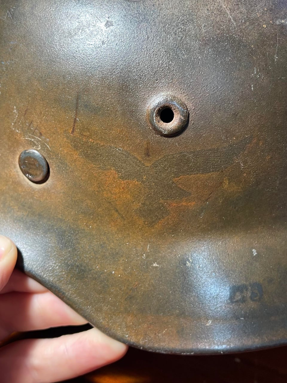 WW2 German M40 Luftwaffe Helmet – Tropical / DAK Camo with Shrapnel Damage