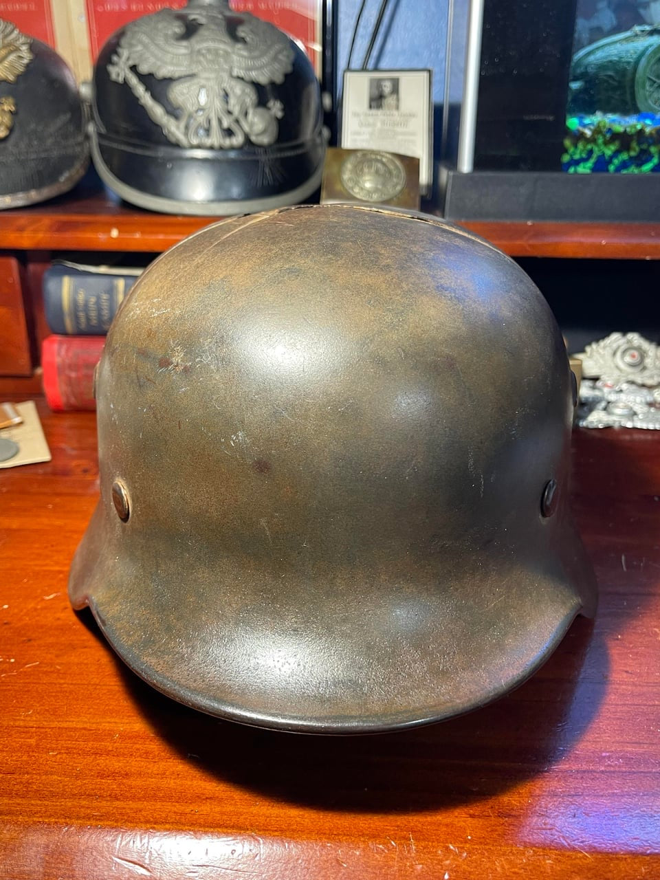 WW2 German M40 Luftwaffe Helmet – Tropical / DAK Camo with Shrapnel Damage